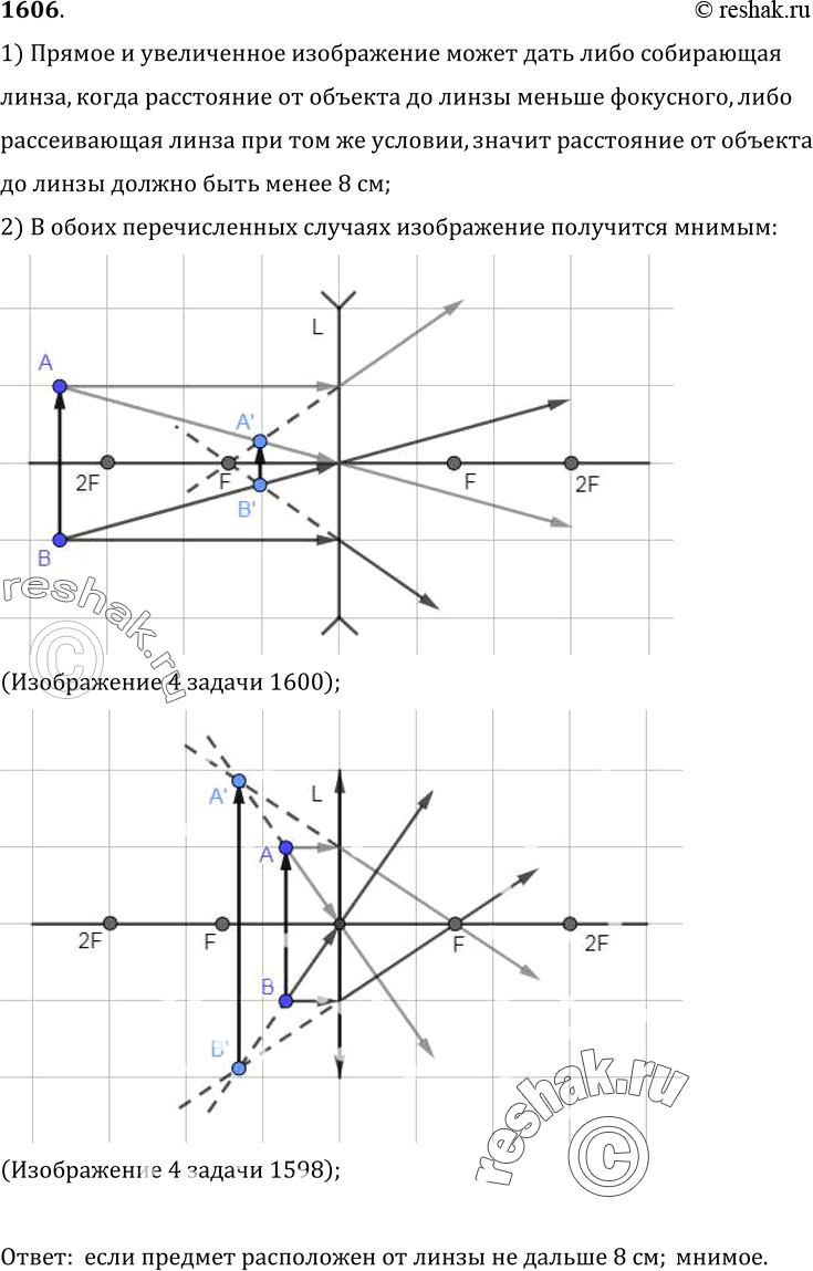 Изображение 1606.	При каком условии линза с фокусным расстоянием F = 8 см может дать прямое увеличенное изображение видимого в ней предмета? Каково будет изображение: действительное...