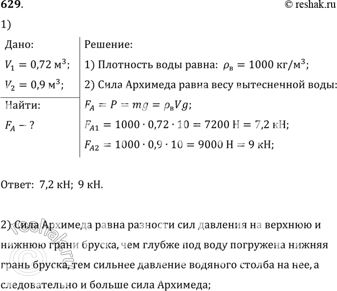 Изображение 629.	Плавающий на воде деревянный брусок вытесняет воду объемом 0,72 м3, а будучи погруженным в воду целиком — 0,9 м3. Определите выталкивающие силы, действующие на...