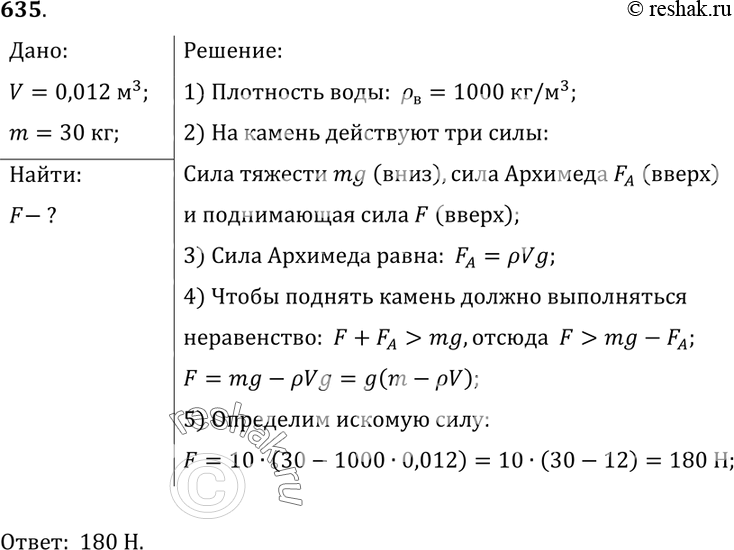 Изображение 635.	Какую силу надо приложить, чтобы поднять под водой камень массой 30 кг, объем которого 0,012...