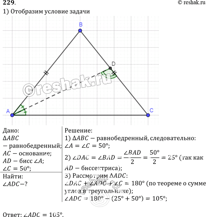 Изображение В равнобедренном треугольнике ABC с основанием АС проведена биссектриса AD. Найдите угол ADC, если угол C =...