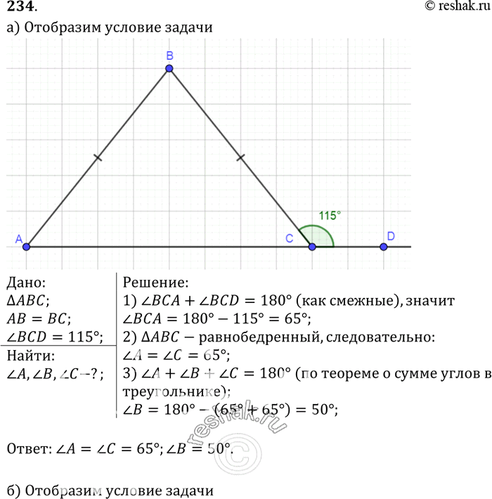 Изображение Один из внешних углов равнобедренного треугольника равен 115°. Найдите углы...