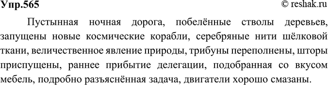 Изображение 565 Словарный диктант.Пустынная ночная дорога, побелённые стволы деревьев, запущены новые космические корабли, серебряные нити шёлковой ткани, величественное явление...