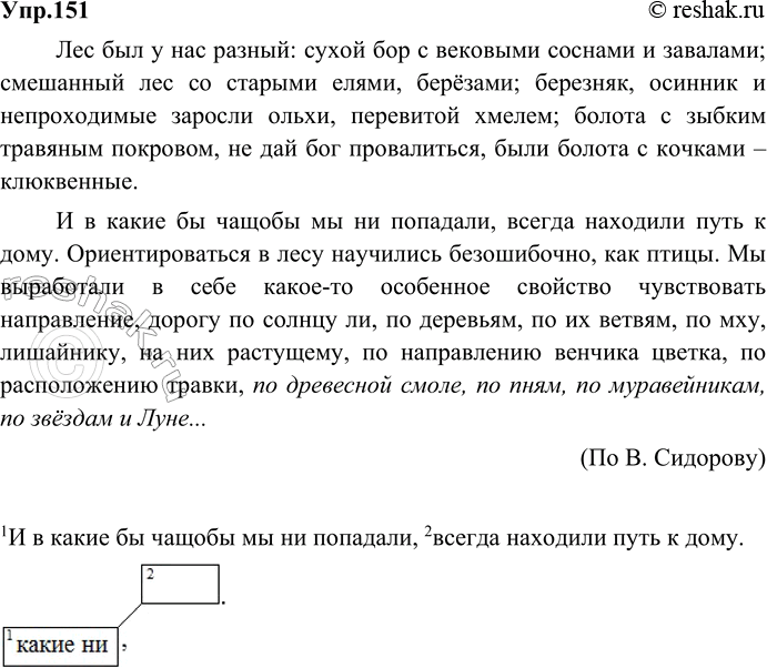 Изображение 151. Диктант с грамматическим заданием. Допишите концовку текста. Найдите сложноподчинённое предложение с придаточным уступительным, постройте его схему.Лес был у нас...